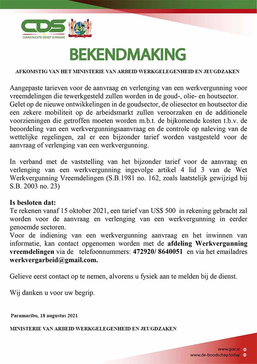 BEKENDMAKING: Aangepaste tarieven bij aanvraag of verlenging van werkvergunning vreemdelingen
