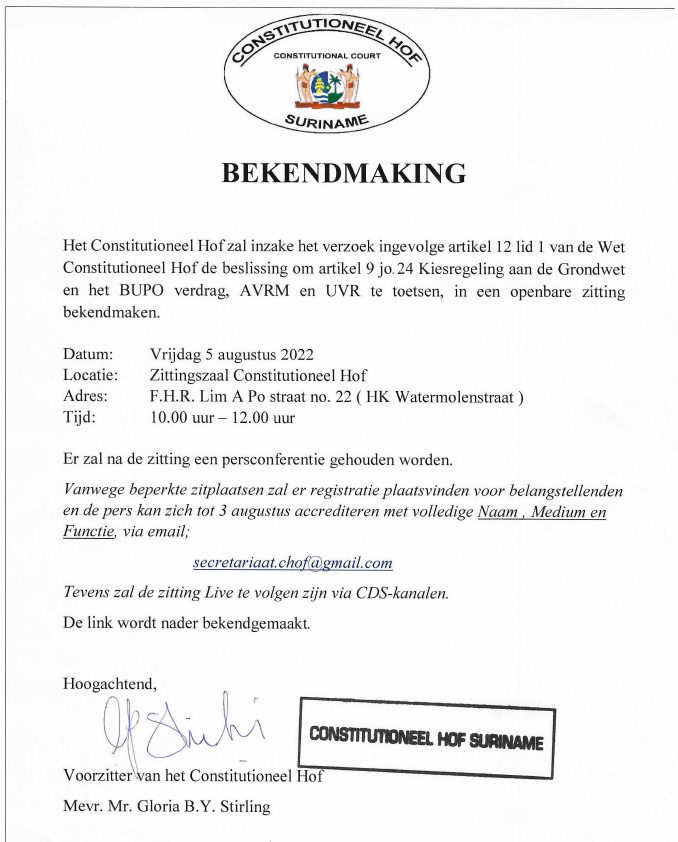 Bekendmaking Constitutioneel Hof Suriname