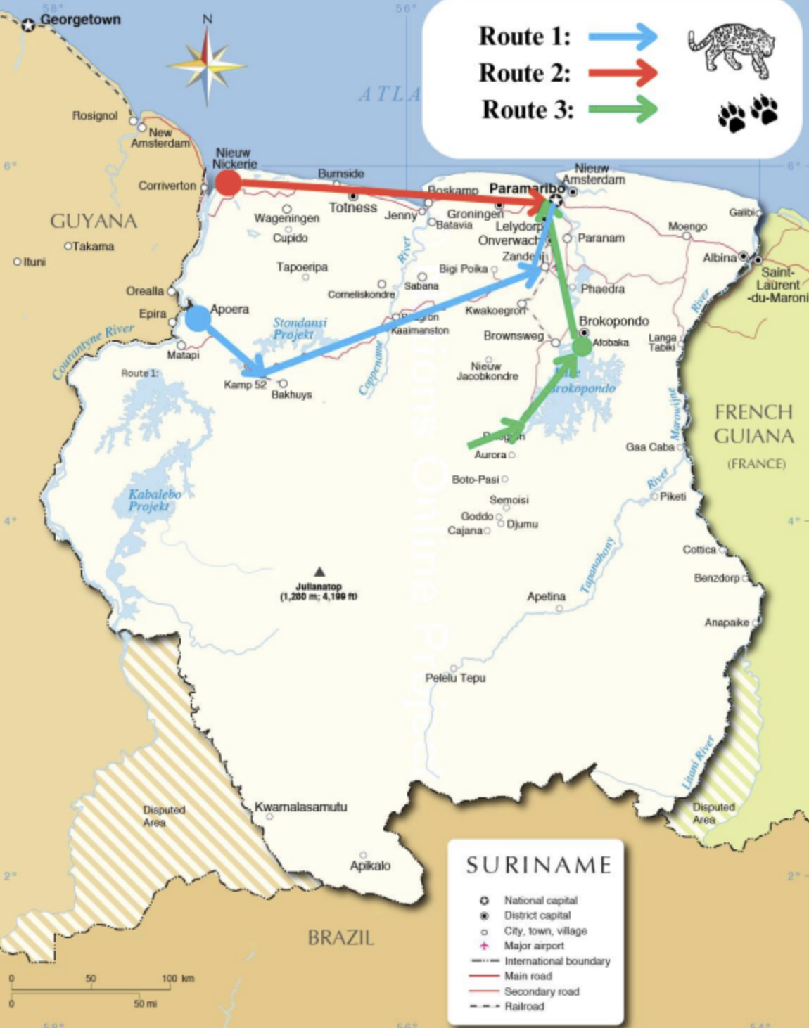Jaguar-smokkelroutes in Suriname. Kaart met dank aan Earth League International.