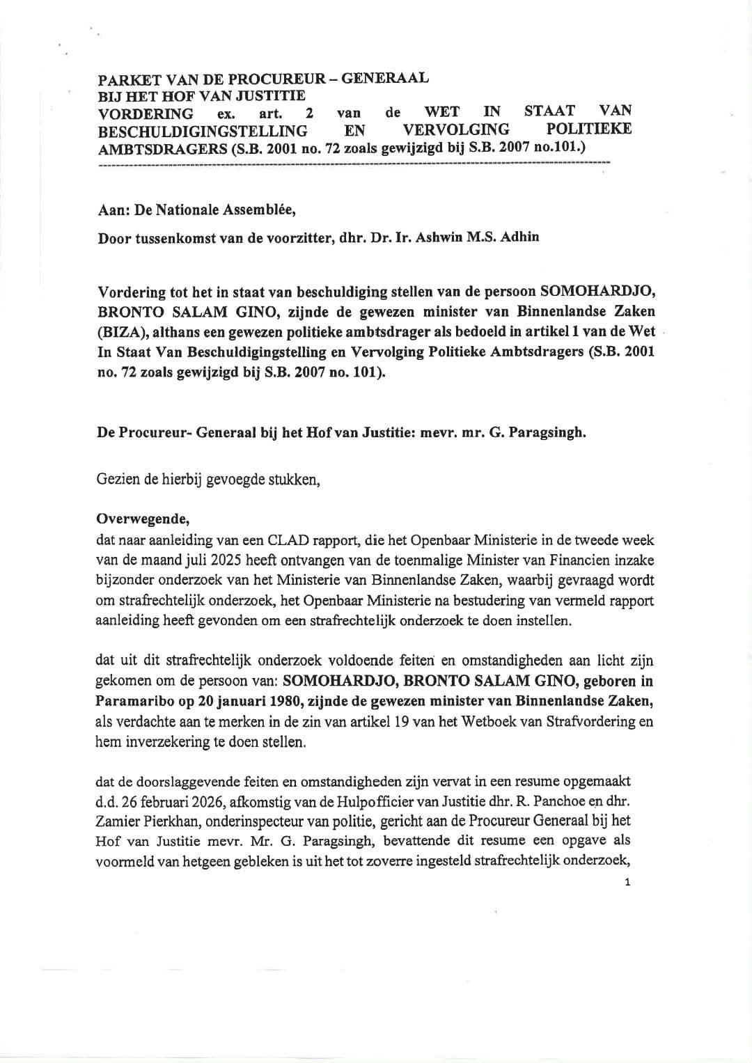 Brief PG aan DNA mbt staat van beschuldiging van Bronto Salam Gino Somohardjov