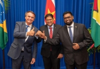 (L to R) President of Brazil, Jair Bolsonaro, President of Suriname, Chandrikapersad Santokhi and Guyana’s President, Dr. Mohamed Irfaan Ali met in Suriname on January 20, 2022.