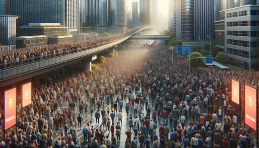 De groeisnelheid van de wereldbevolking neemt af © Crowd of people in a big city, AI Generated, DALL-e De groeisnelheid van de wereldbevolking neemt af © Crowd of people in a big city, AI Generated, DALL-e