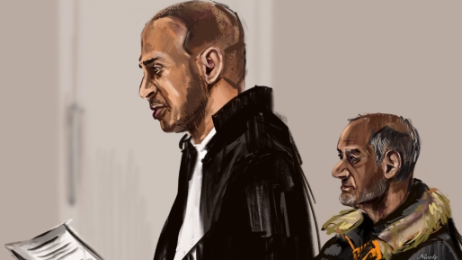 Rechtbanktekening van advocaat Gerald Roethof (L) en verdachte Abdoel S. ANP Rechtbanktekening van advocaat Gerald Roethof (L) en verdachte Abdoel S. ANP