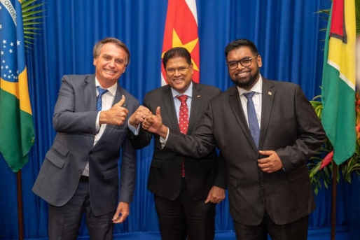 (L to R) President of Brazil, Jair Bolsonaro, President of Suriname, Chandrikapersad Santokhi and Guyana’s President, Dr. Mohamed Irfaan Ali met in Suriname on January 20, 2022. (L to R) President of Brazil, Jair Bolsonaro, President of Suriname, Chandrikapersad Santokhi and Guyana’s President, Dr. Mohamed Irfaan Ali met in Suriname on January 20, 2022.